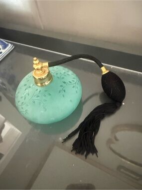 Aqua Etched Glass Atomizer Perfume Bottle with Black Tassel
